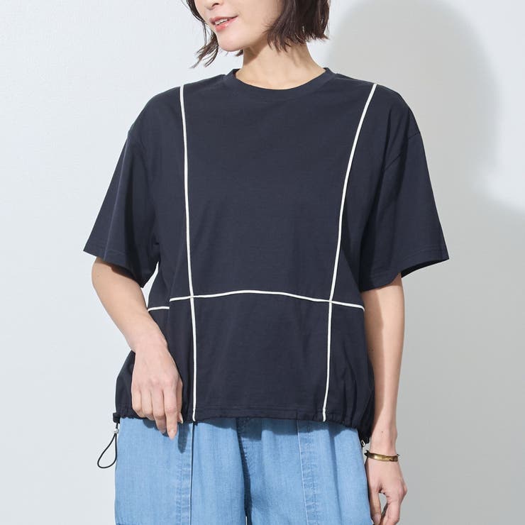 67ネイビー | 配色パイピング切替え半袖Tシャツ | NICOLE