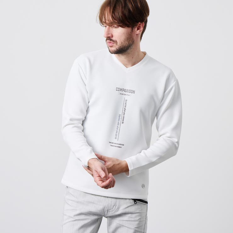 09ホワイト | ストレッチポンチジェルプリントＶネック長袖Tシャツ | NICOLE