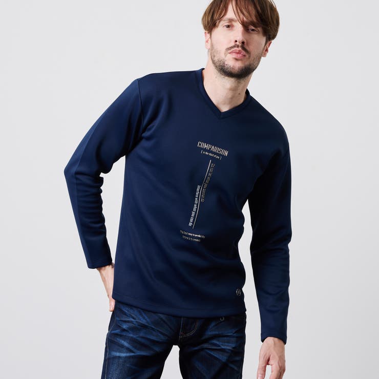 67ネイビー | ストレッチポンチジェルプリントＶネック長袖Tシャツ | NICOLE