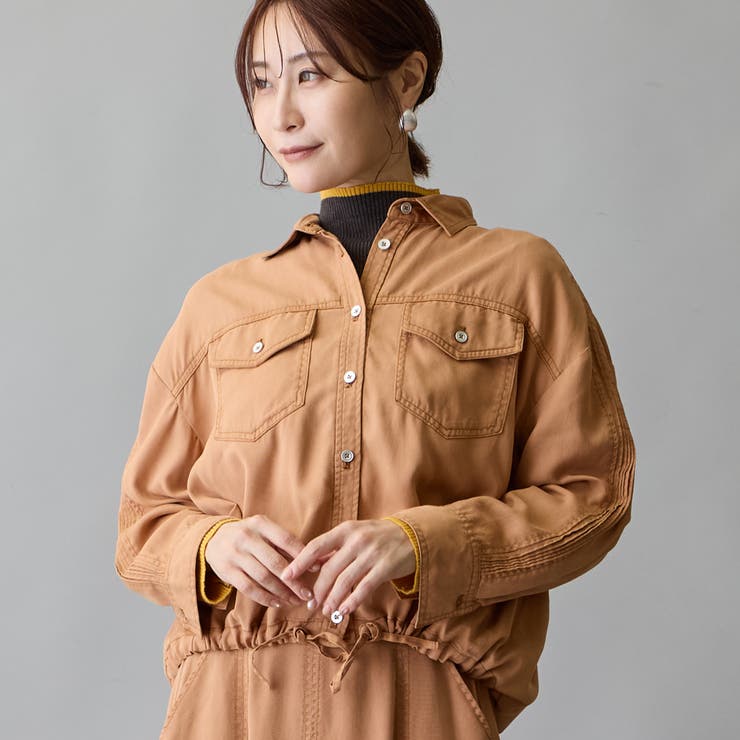 15キャメル | カラーデニム裾ドロスト入りシャツ | NICOLE