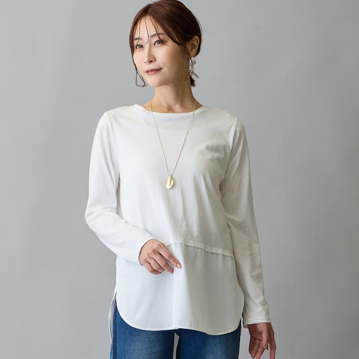 28オフホワイト | 布帛ヘムドッキングロングスリーブTシャツ | NICOLE