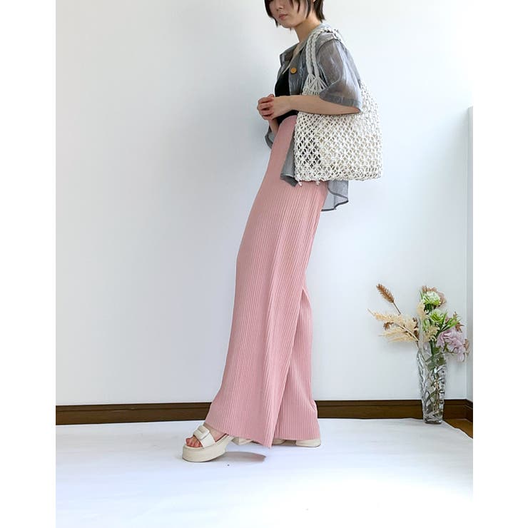 セルフカット 脚長ワイドパンツ 細プリ－ツパンツ[品番