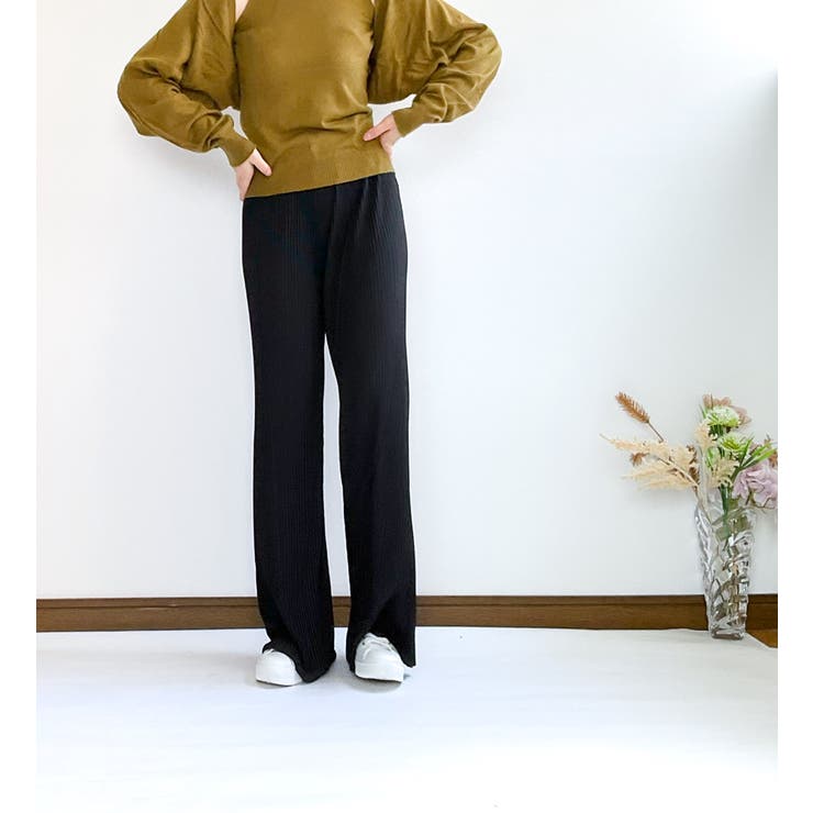 セルフカット 脚長ワイドパンツ 細プリ－ツパンツ[品番
