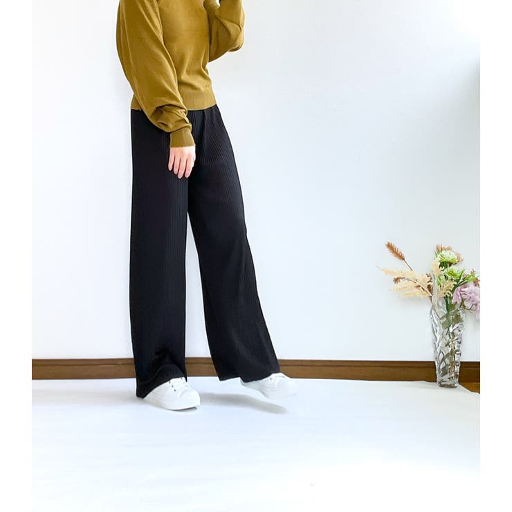 セルフカット 脚長ワイドパンツ 細プリ－ツパンツ[品番：JX000003534