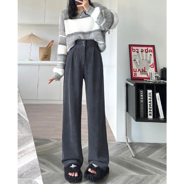 グレー | 楽して美脚 コ－デュロイワイドパンツ ツ－タック | nijibra