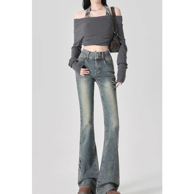 伸びる フレアデニム フレアパンツ編み上げデザイン[品番：JX000003757