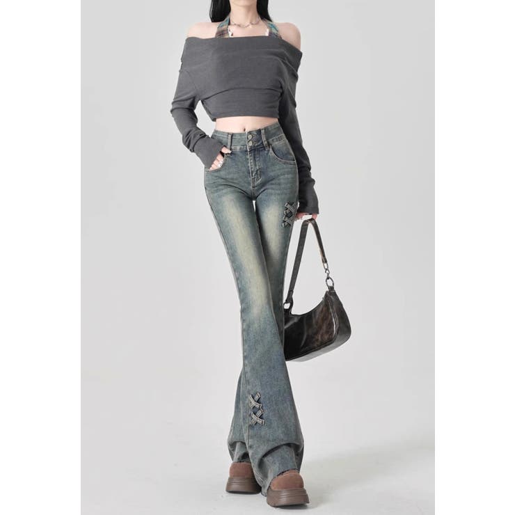 伸びる フレアデニム フレアパンツ編み上げデザイン[品番：JX000003757