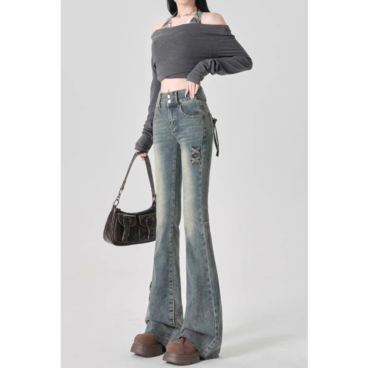 伸びる フレアデニム フレアパンツ編み上げデザイン[品番