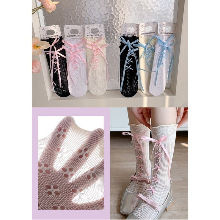 レ－スリボンソックス ニーハイソックス レ－スアップ | nijibra | 詳細画像6 