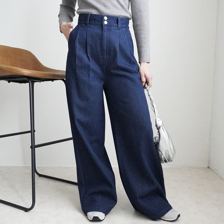 ワンウォッシュ | フロントのタックデニムパンツ ワイドパンツ ジ－ンズ | nijibra