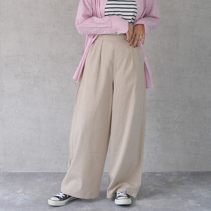 ベ－ジュ | 綿100％シャンブレーイージーワイドパンツ ハイウエスト ウエストゴム | nijibra