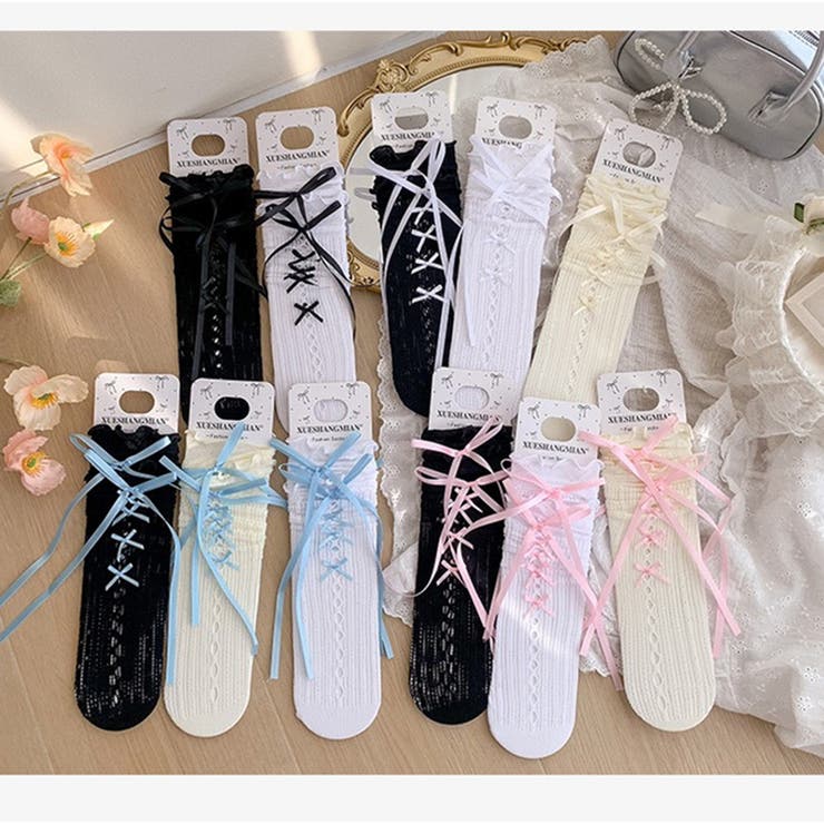 レ－スリボンソックス ニーハイソックス レ－スアップ | nijibra | 詳細画像4 