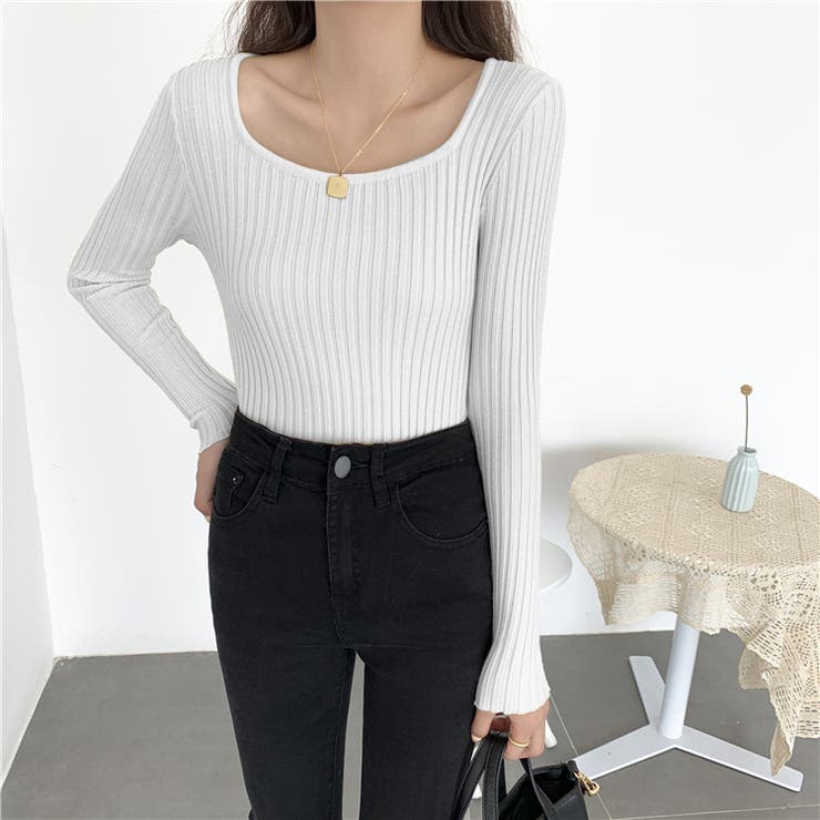 ホワイト | Uネックリブカットソー レディース トップス | NinaetLina