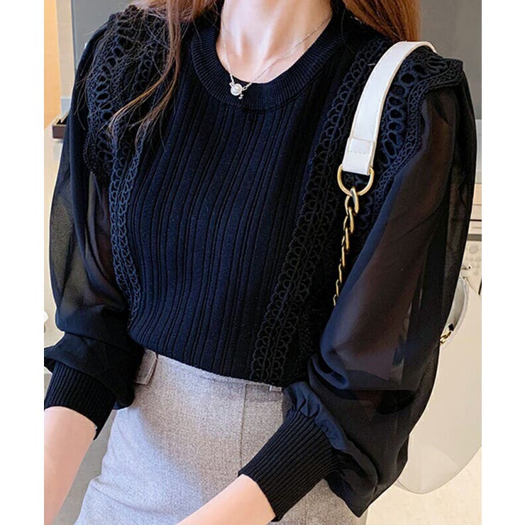 ブラック | シアーアーム切り替えブラウス レディース トップス | NinaetLina