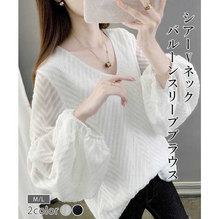 シアーVネックバルーンスリーブブラウス | NinaetLina | 詳細画像1 