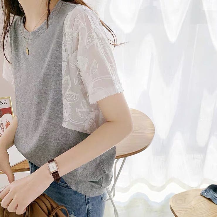 袖シフォン切り替え半袖カットソー トップス レディース[品番