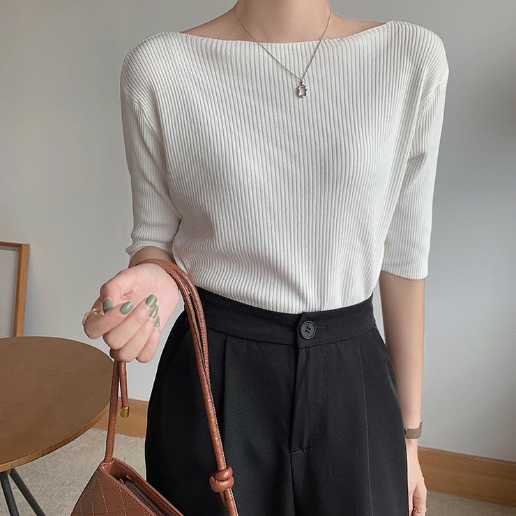 ホワイト | ボートネック半端袖リブニットソー レディース トップス | NinaetLina