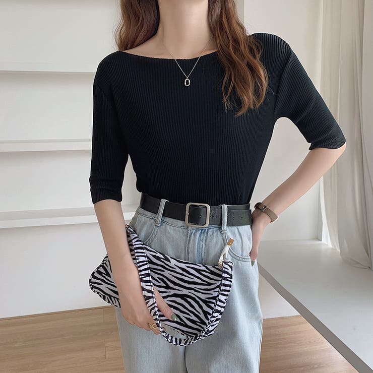 ブラック | ボートネック半端袖リブニットソー レディース トップス | NinaetLina