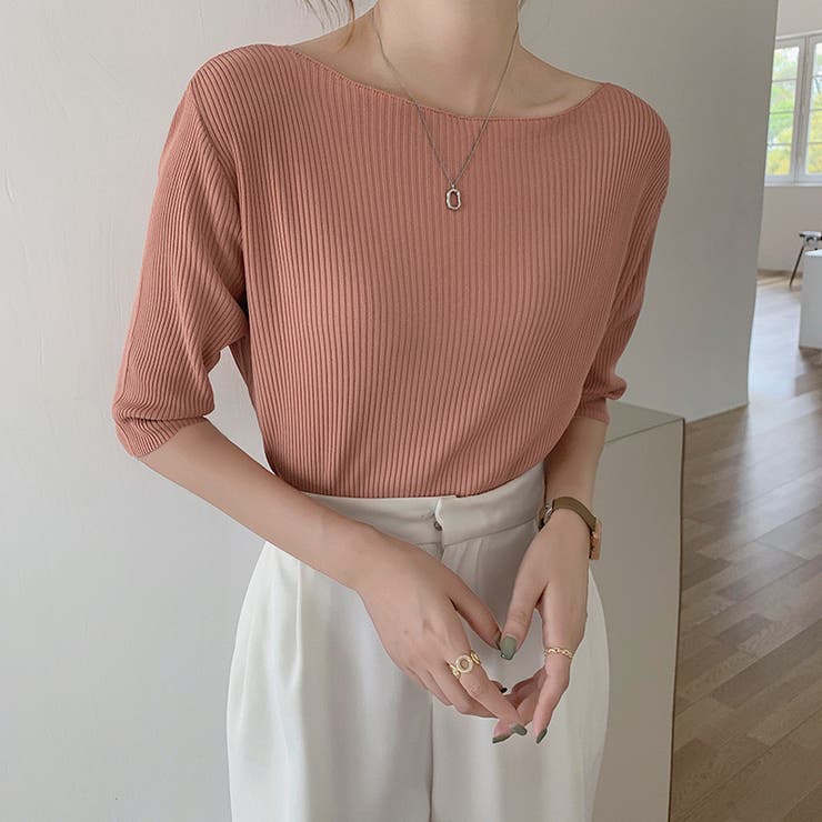 ピンク | ボートネック半端袖リブニットソー レディース トップス | NinaetLina