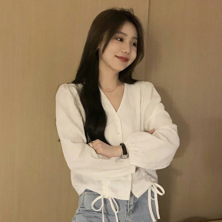 ホワイト | シャーリング長袖ブラウス レディース 長袖 | NinaetLina