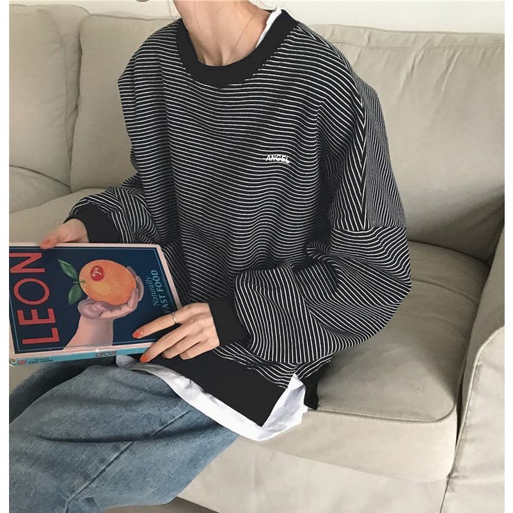 ブラック | ボーダー裾フェイクレイヤード長袖カットソー レディース トップス | NinaetLina