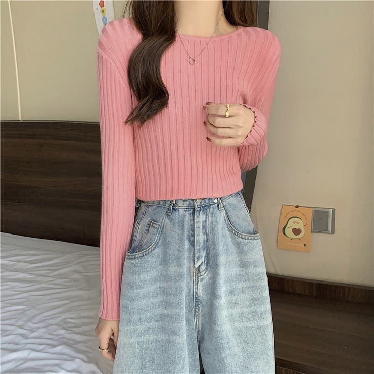 ピンク | クルーネックリブニットソー レディース トップス | NinaetLina