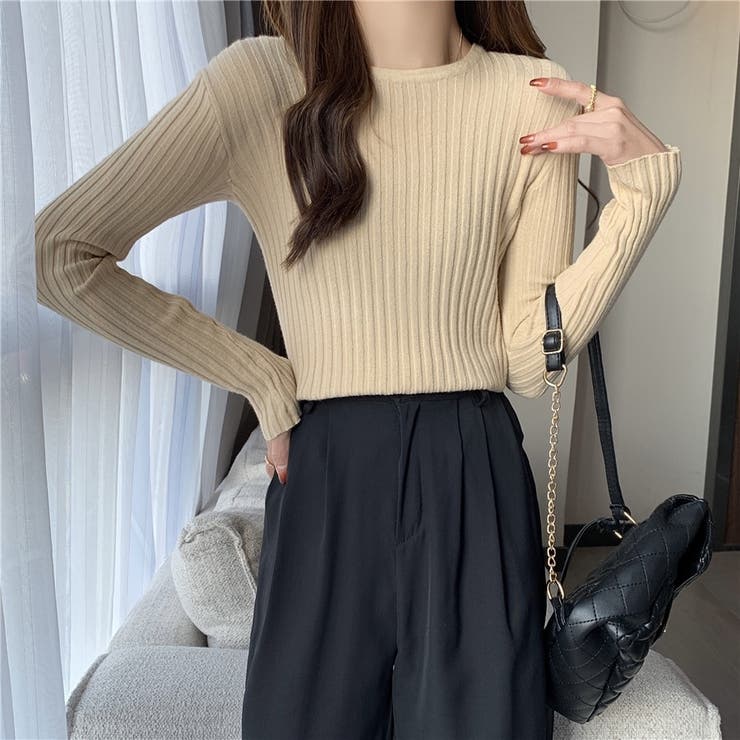 ベージュ | クルーネックリブニットソー レディース トップス | NinaetLina