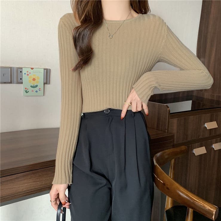 サンドベージュ | クルーネックリブニットソー レディース トップス | NinaetLina