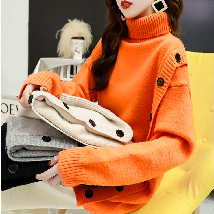 フェイクボタンタートルネックニット タートルネックセーター 韓国ファッション