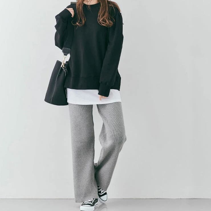 グレー | リブニットセミワイドパンツ レディース ボトムス | NinaetLina