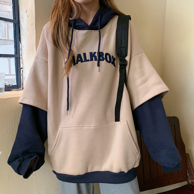 口コミ・レビューで人気商品を探そう 裏起毛フェイクレイヤードプルパーカー レディース トップス Lサイズ