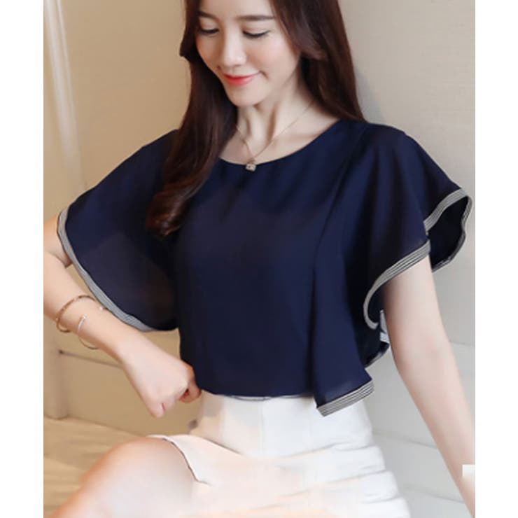 シフォン袖フリルトップス オフィス 薄手[品番：NELW0001568