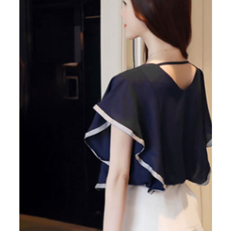 ★お求めやすく価格改定★ シフォン袖フリルトップス オフィス 薄手[品番：NELW0001568 Mサイズ