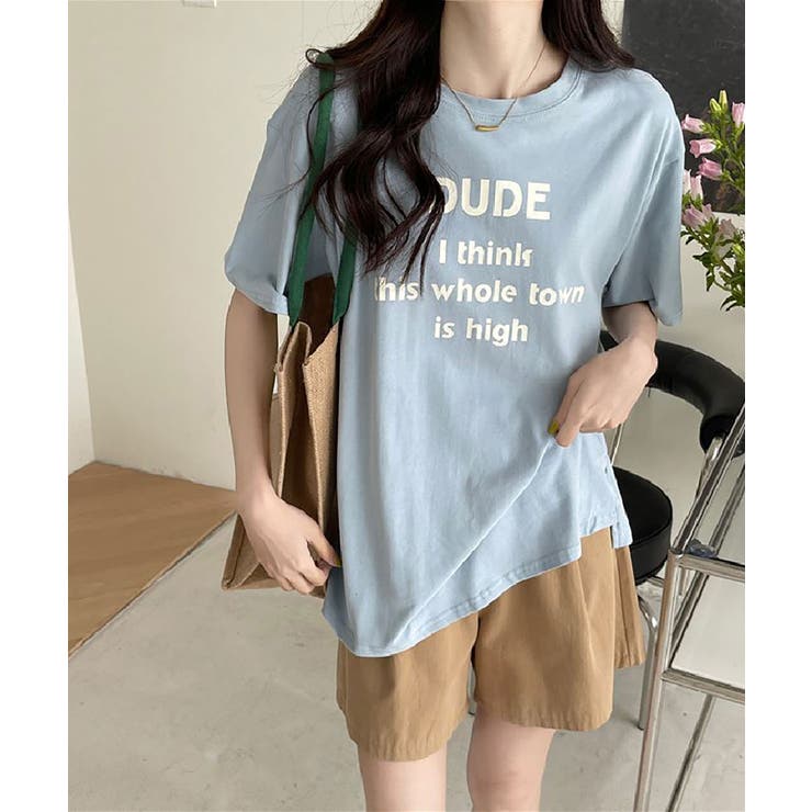英字ロゴプリント半袖Tシャツスリット入り ラウンドネックT