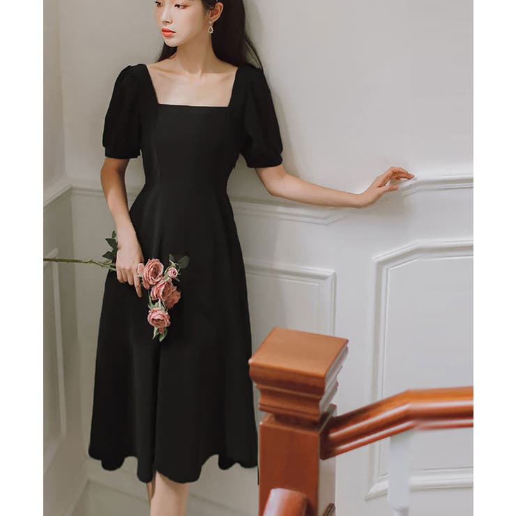 ブラック | ロングワンピース Aライン 半袖 | NinaetLina