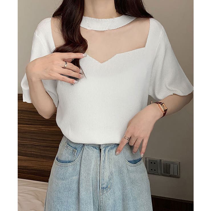 ホワイト | サマーニット 胸元シースルー リブニット | NinaetLina