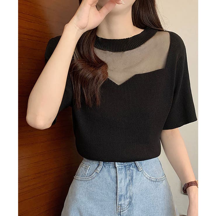 ブラック | サマーニット 胸元シースルー リブニット | NinaetLina