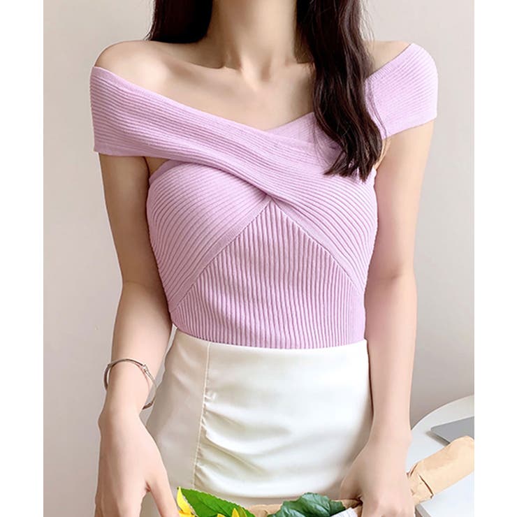 2WAYオフショルダーサマーニット 春夏 ニットトップス[品番