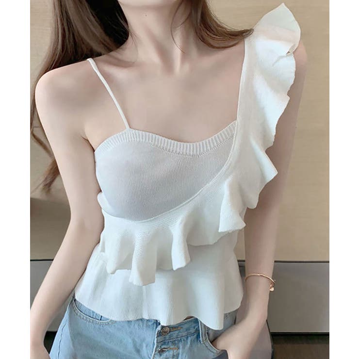 ホワイト | リブキャミソール フリル タンクトップ | NinaetLina