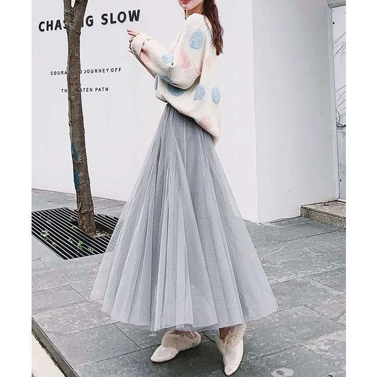 NAKAGAMI ナカガミ 箔プリント プリーツロングスカート 黒 チュール