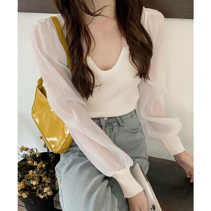 リブニットトップス シフォン切り替え ドッキング | NinaetLina | 詳細画像1 