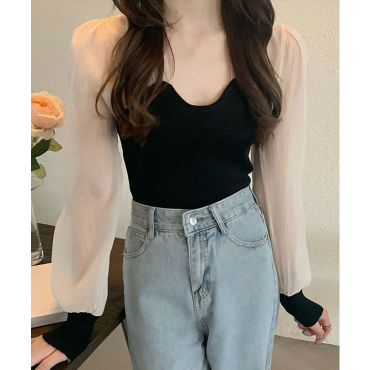 リブニットトップス シフォン切り替え ドッキング | NinaetLina | 詳細画像3 