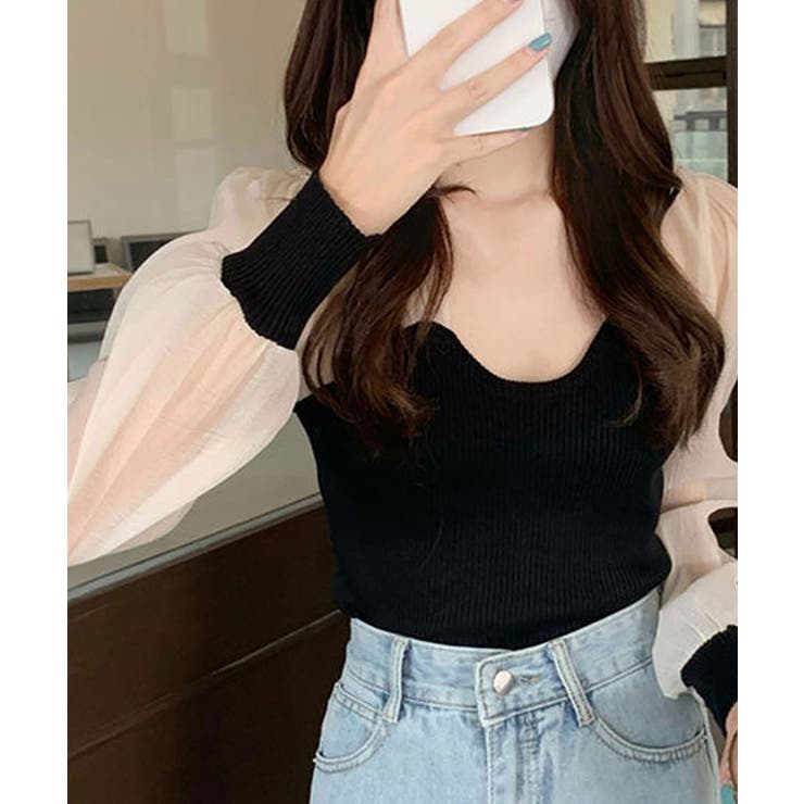 リブニットトップス シフォン切り替え ドッキング | NinaetLina | 詳細画像4 