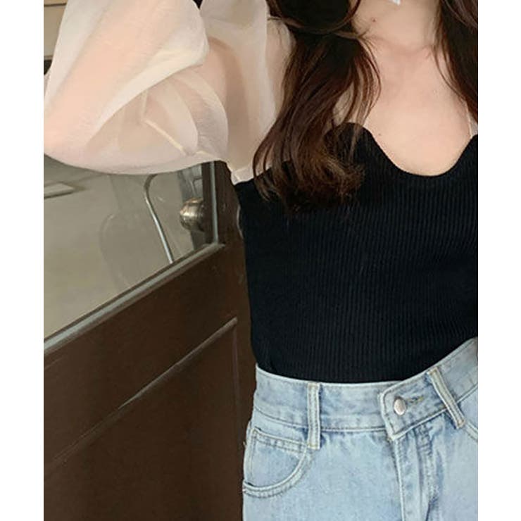 リブニットトップス シフォン切り替え ドッキング | NinaetLina | 詳細画像5 