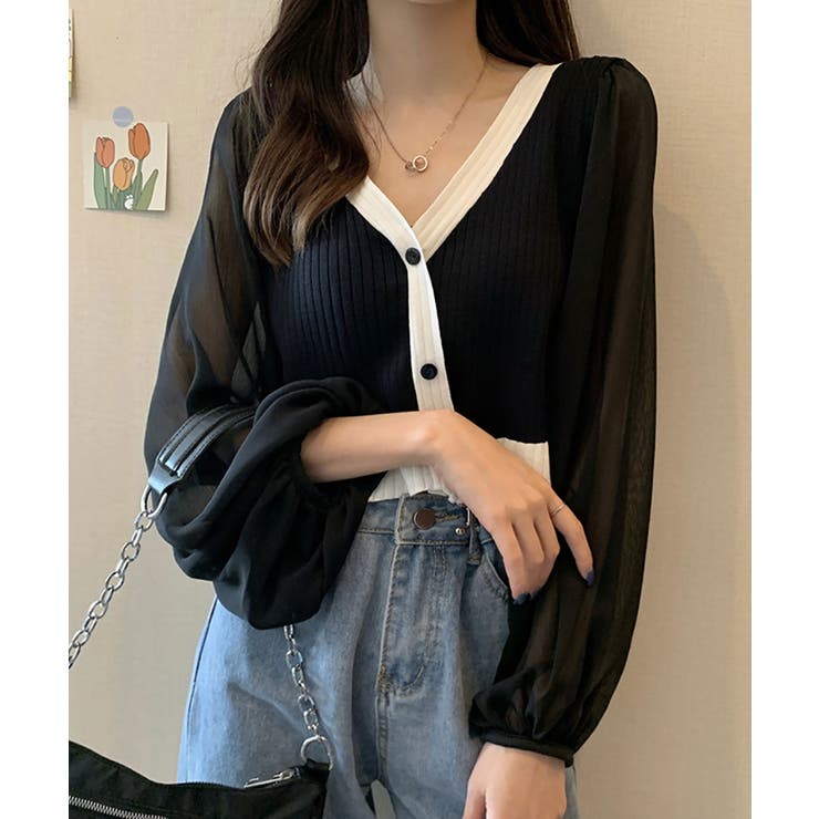 袖シフォンニットカーディガン 袖シフォンニットカーディガン - CLOVE - CLOVE｜YAMADAYA STORE