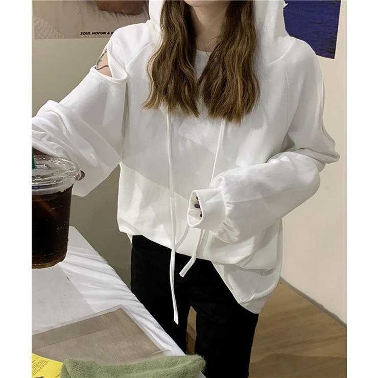 ホワイト | 肩開きプルパーカー レディース トップス | NinaetLina