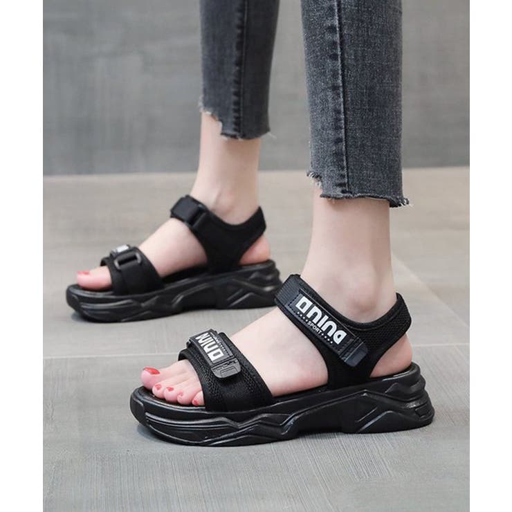 ブラック | 厚底スポーツサンダル ベルクロ レディース | NinaetLina
