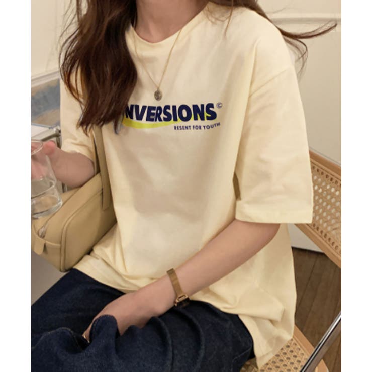 クリーム | Tシャツレディースカットソー半袖英字ロゴ プリントtシャツ カジュアル | NinaetLina