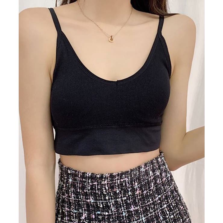 ブラック | ショート丈 リブ キャミソール カップ付き おしゃれ vネック キャミソール | NinaetLina