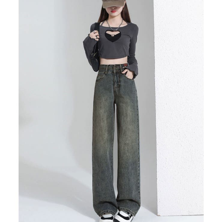 ダブルボタン パッチデザイン ハイウエスト セミワイドストレートデニム | NinaetLina | 詳細画像1 